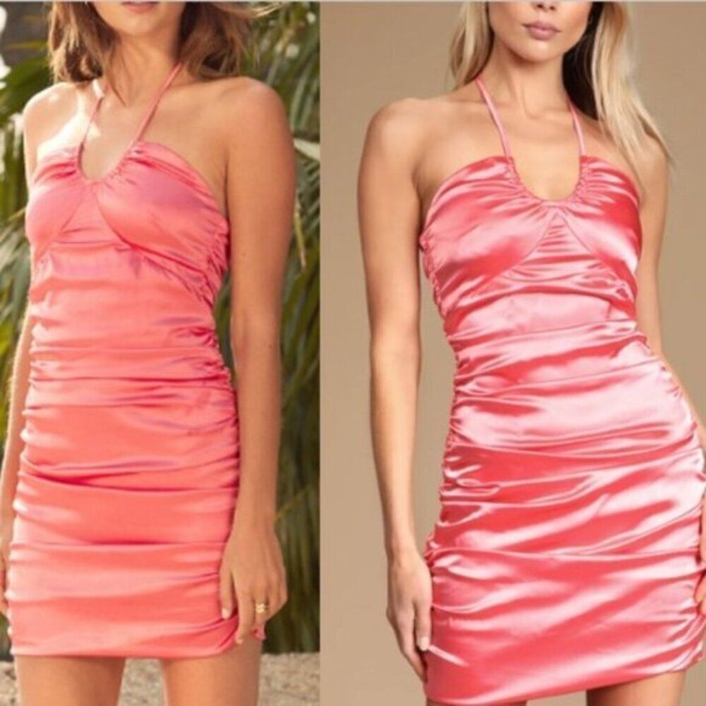 Lulus Women's Coral Satin Ruched Halter Bodycon Mini Dress